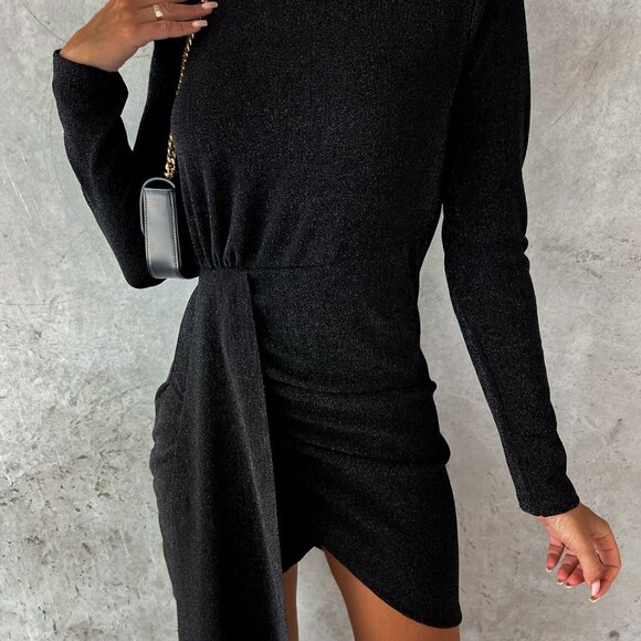 OYL Black Mock Neck Long Sleeve Mini Dress - Elegant Ruched Style - Picture 7 of 8